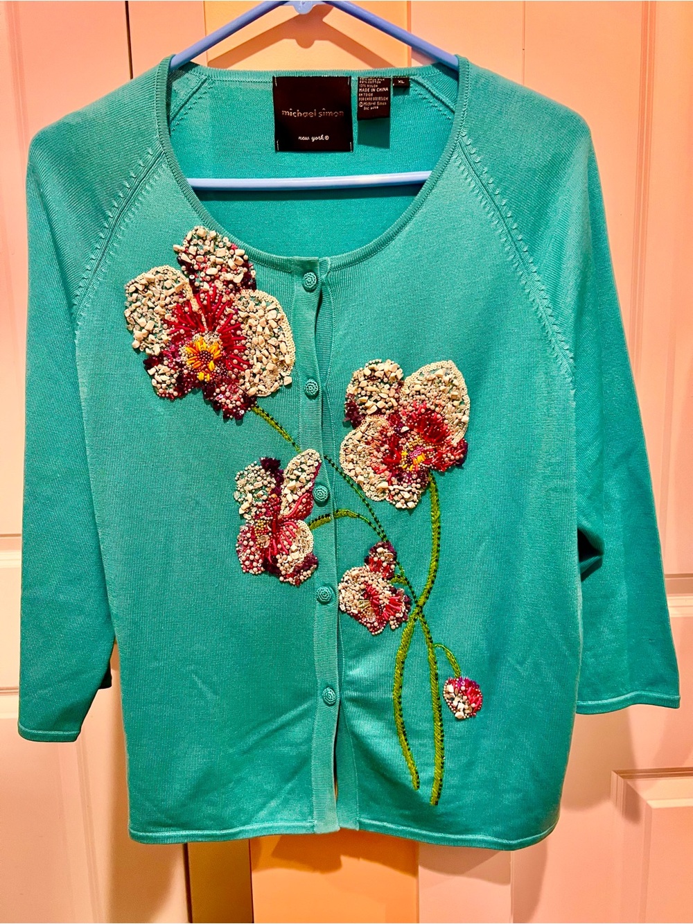 Brilliant Multi Media Spring/Summer Flower Silk Turquoise Buttoned Cardigan XL